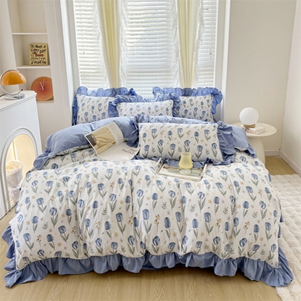 91家纺网 家纺一手货源 找家纺 仟网汇 2024新款韩版糯糯棉花边四件套田园法式 蓝色花海
