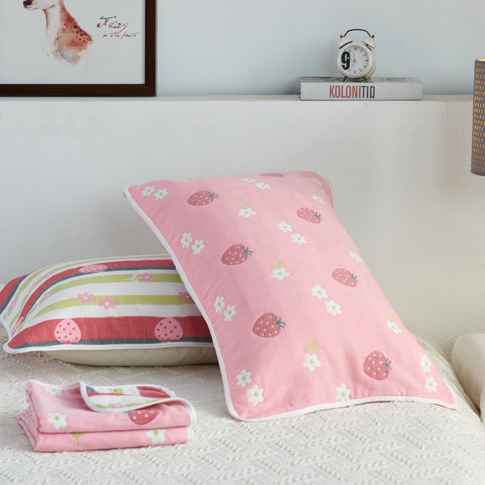 91家纺网 家纺一手货源 找家纺 朴尔2024新款六层纱布全棉循环小花型枕巾50*80cm一对 甜甜草莓粉枕巾