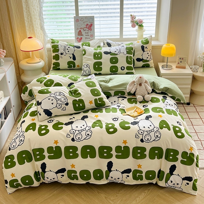 91家纺网 家纺一手货源 找家纺 妖妖家纺 2024新款超柔软糯水洗云朵棉印花四季款四件套 字母狗