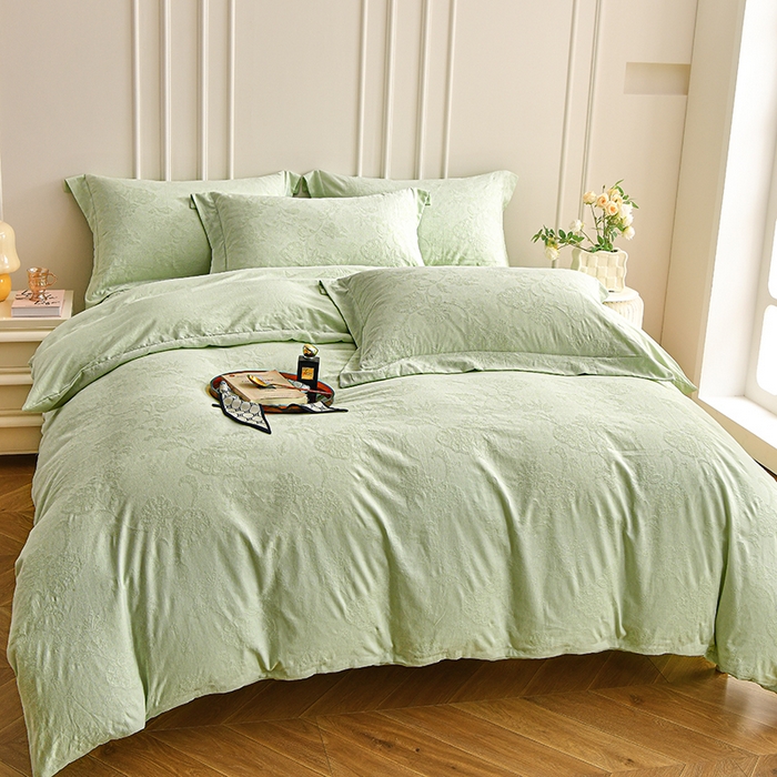 91家纺网 家纺一手货源 找家纺 金艾草 2024新款水洗全棉浮雕提花床盖四件套 罗曼-浅绿