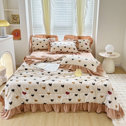 仟网汇 2024新款韩版糯糯棉花边夏被四件套田园法式 爱心小狗