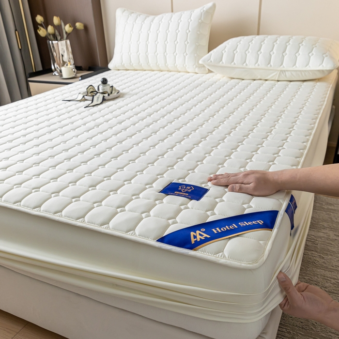 91家纺网 家纺一手货源 找家纺 芬晴家纺   2024新款酒店款夹棉床笠 春华-米白