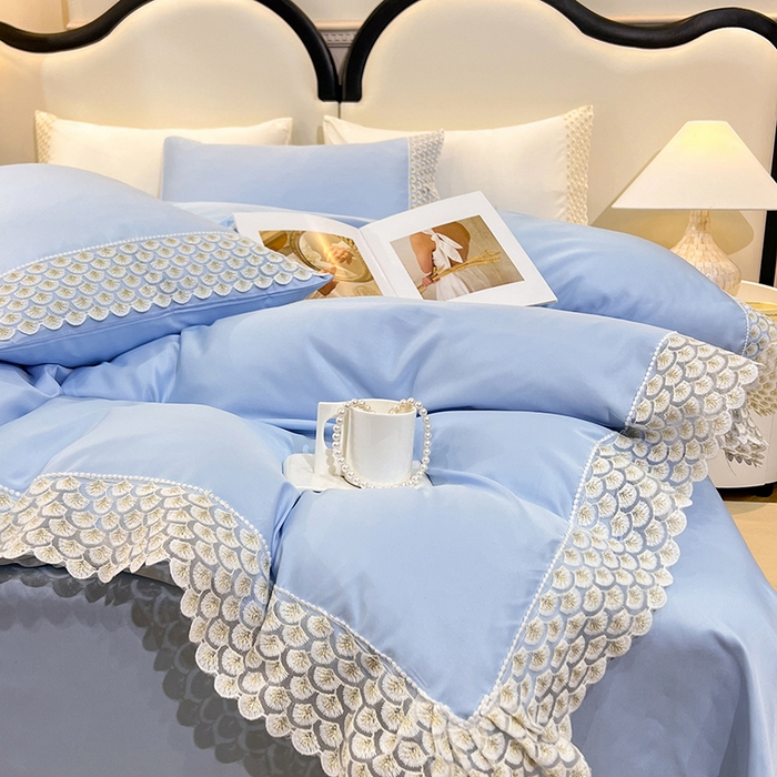 91家纺网 家纺一手货源 找家纺 艾米家居 2025水洗真丝鱼鳞边艾琳系列 艾琳天蓝