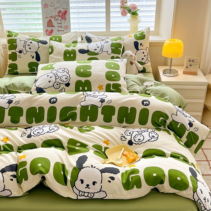 91家纺网 家纺一手货源 找家纺 妖妖家纺 2024新款超柔软糯水洗云朵棉印花四季款四件套 字母狗