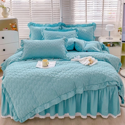 91家纺网 家纺一手货源 找家纺 （总）恋尚 2024新款纯色小竺棉夹棉床笠式床裙四件套-布丁