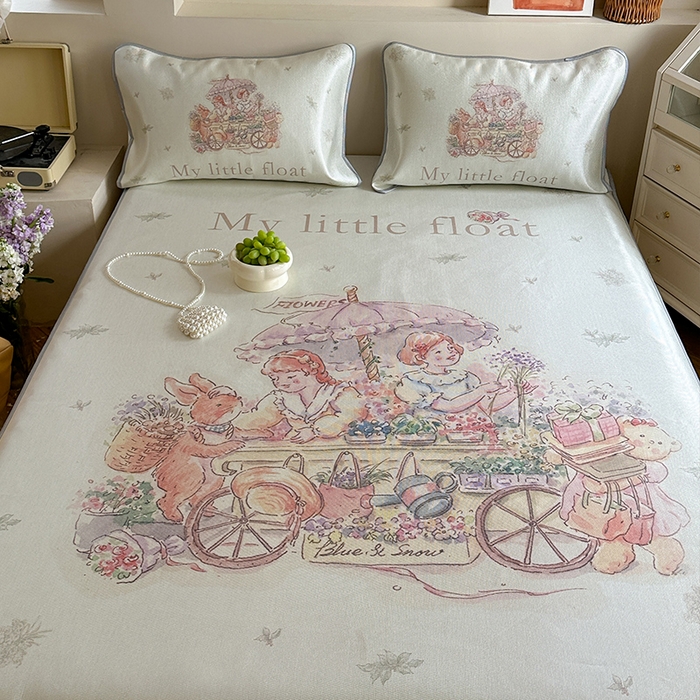 91家纺网 家纺一手货源 找家纺 萝莉家纺 2024新款大版冰丝凉席床席床笠款 我心爱的小花车-平席款 