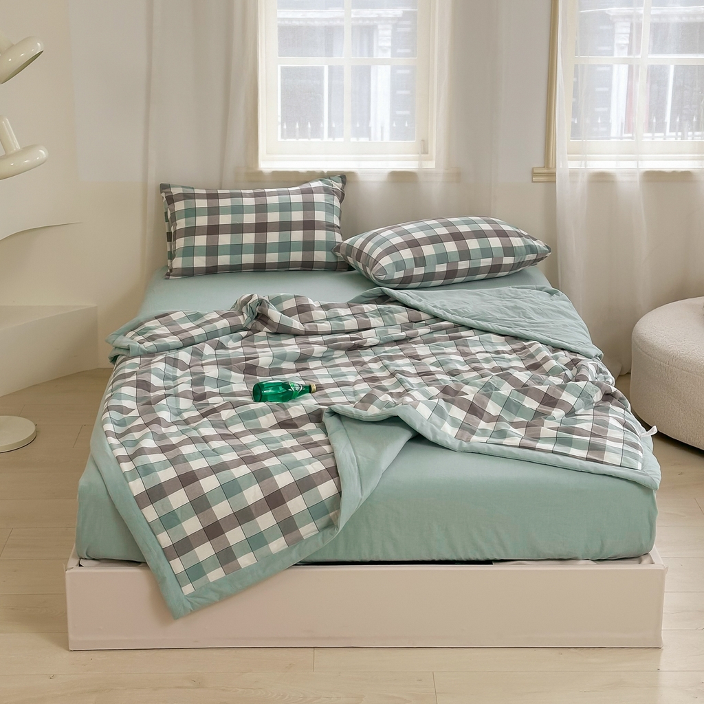 91家纺网 家纺一手货源 找家纺 棉邦 2024新款全棉水洗棉色织夏被四件套 绿方格