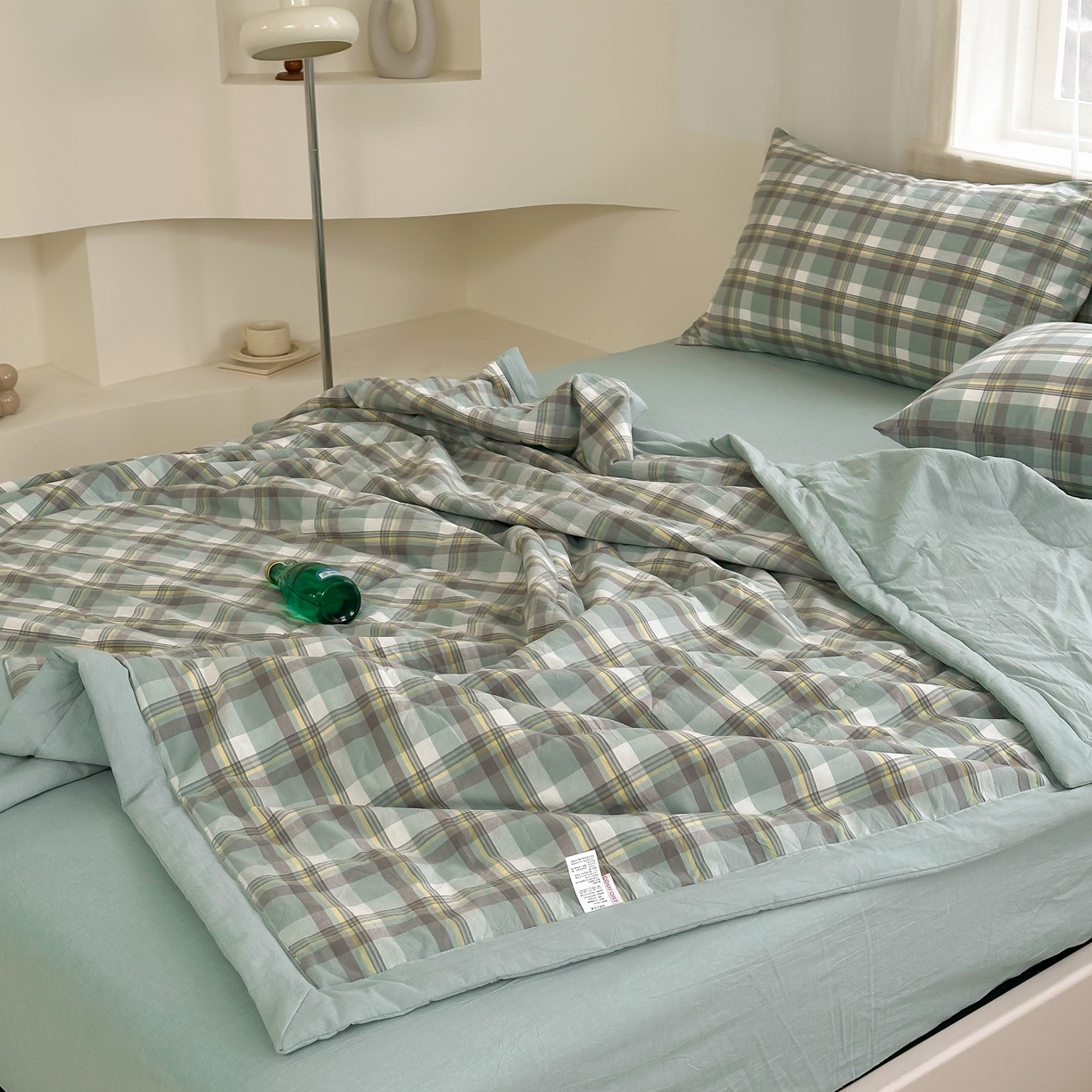 91家纺网 家纺一手货源 找家纺 棉邦 2024新款全棉水洗棉色织夏被四件套 简兮绿