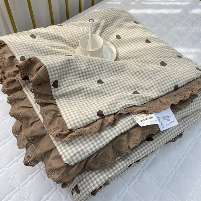 91家纺网 家纺一手货源 找家纺 暖居 2024新款直播全棉夹棉床盖夏被三件套夏凉被 爱心小格子