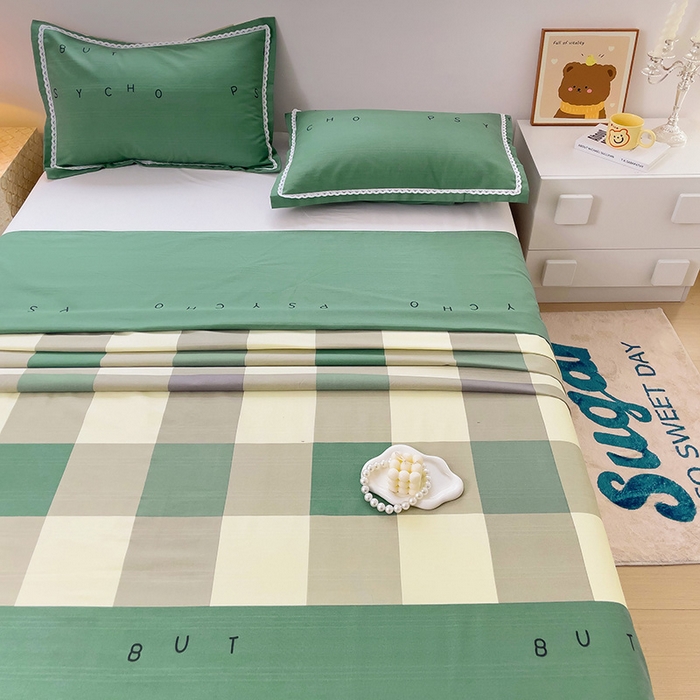 91家纺网 家纺一手货源 找家纺 宜家坊 2024新款鱼骨棉老粗布凉席花边款床单三件套 宜家-绿