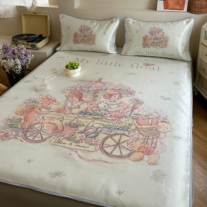 91家纺网 家纺一手货源 找家纺 萝莉家纺 2024新款大版冰丝凉席床席床笠款 我心爱的小花车-床笠款