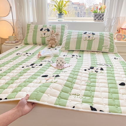 萌飞2024新款全棉新疆棉花夹棉床垫加厚床褥垫被三件套印花 奶油狗-绿