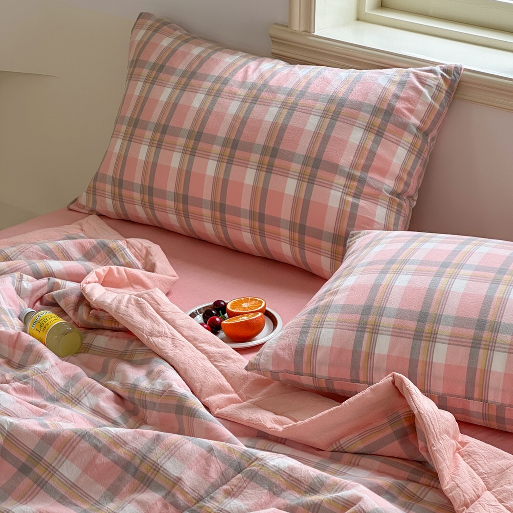 91家纺网 家纺一手货源 找家纺 棉邦 2024新款全棉水洗棉色织夏被四件套 简兮粉