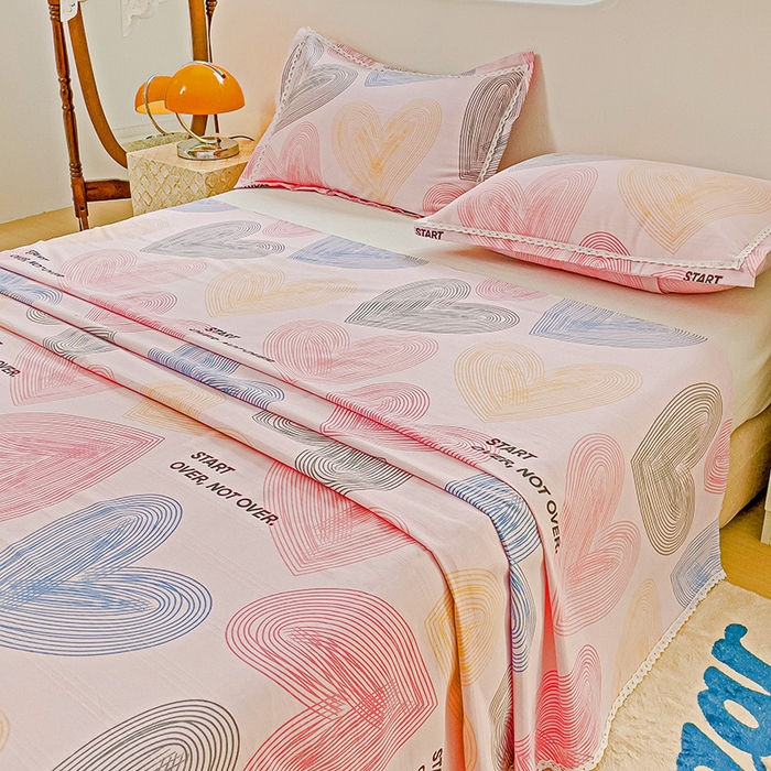 91家纺网 家纺一手货源 找家纺 宜家坊 2024新款鱼骨棉老粗布凉席花边款床单三件套 心动-粉