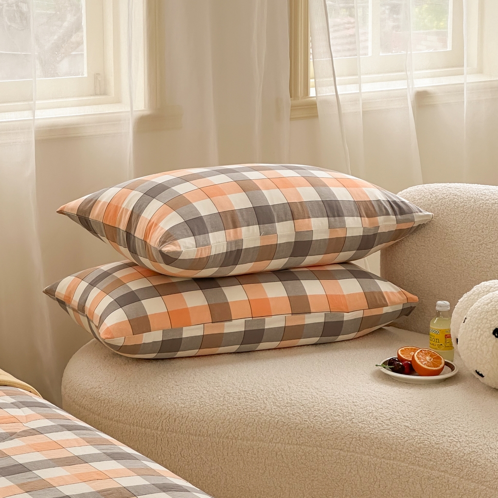 91家纺网 家纺一手货源 找家纺 棉邦 2024新款全棉水洗棉色织夏被四件套 桔方格黄