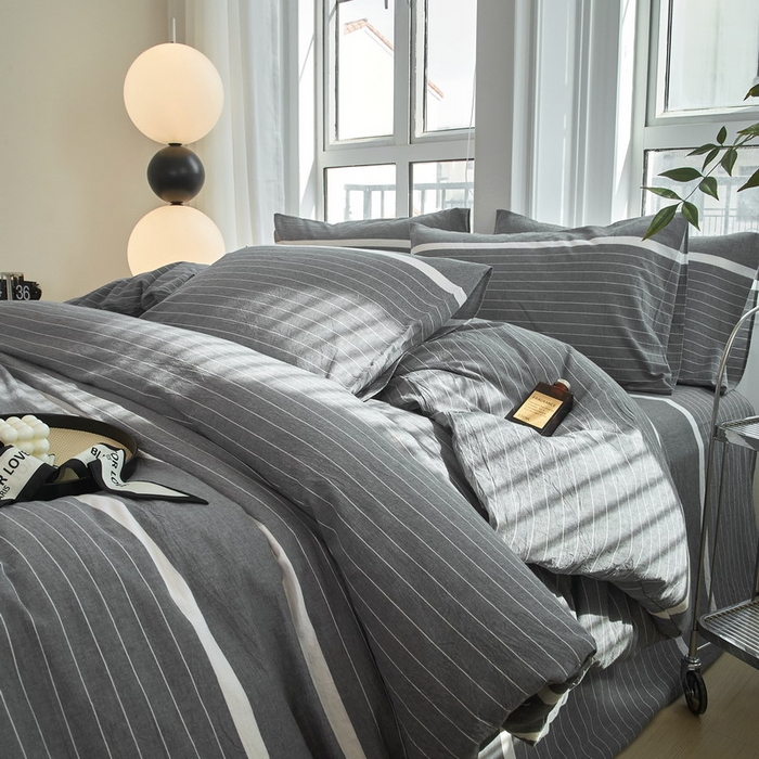 91家纺网 家纺一手货源 找家纺 金纱玉纺家纺 2024新款色织全棉水洗棉四件套 多拉-灰