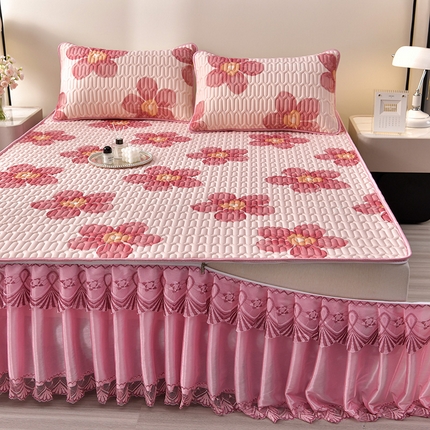 91家纺网 家纺一手货源 找家纺 诺梵 2025新款可拆卸乳胶凉席三件套床裙款 幸运花粉