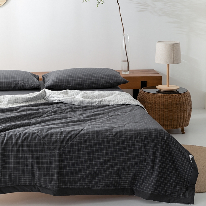 91家纺网 家纺一手货源 找家纺 棉邦 2024新款全棉水洗棉色织夏被四件套 小灰格