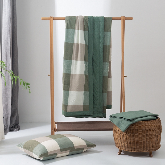 91家纺网 家纺一手货源 找家纺 棉邦 2024新款全棉水洗棉色织夏被四件套 绿大格