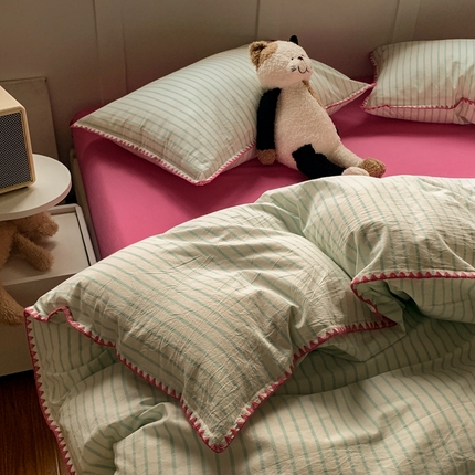 莱茵家居 2024新款A类多巴胺撞色全棉水洗棉四件套 草绿细条