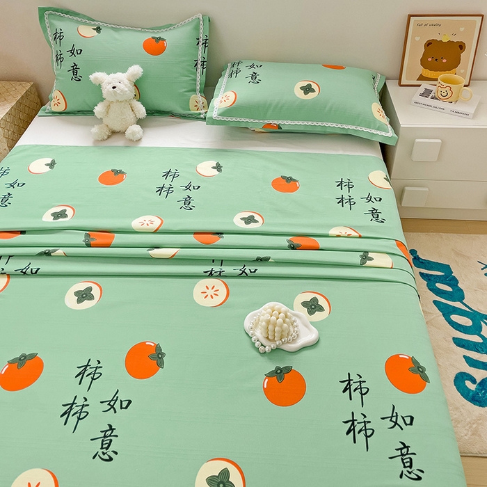 91家纺网 家纺一手货源 找家纺 宜家坊 2024新款鱼骨棉老粗布凉席花边款床单三件套 柿柿如意-绿