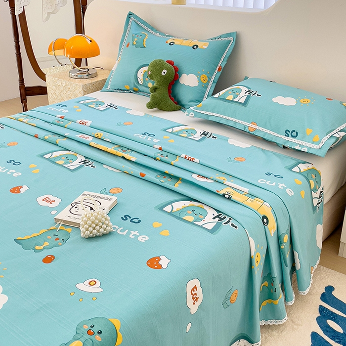 91家纺网 家纺一手货源 找家纺 宜家坊 2024新款鱼骨棉老粗布凉席花边款床单三件套 恐龙日记