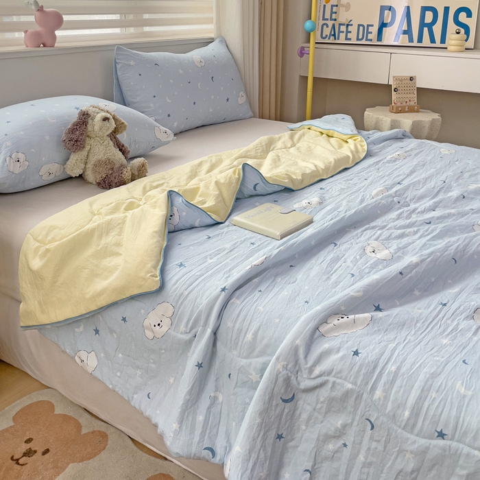 91家纺网 家纺一手货源 找家纺 海岛哥哥 2024新款水洗双层纱超柔单夏被嵌绳款 星空小狗-蓝