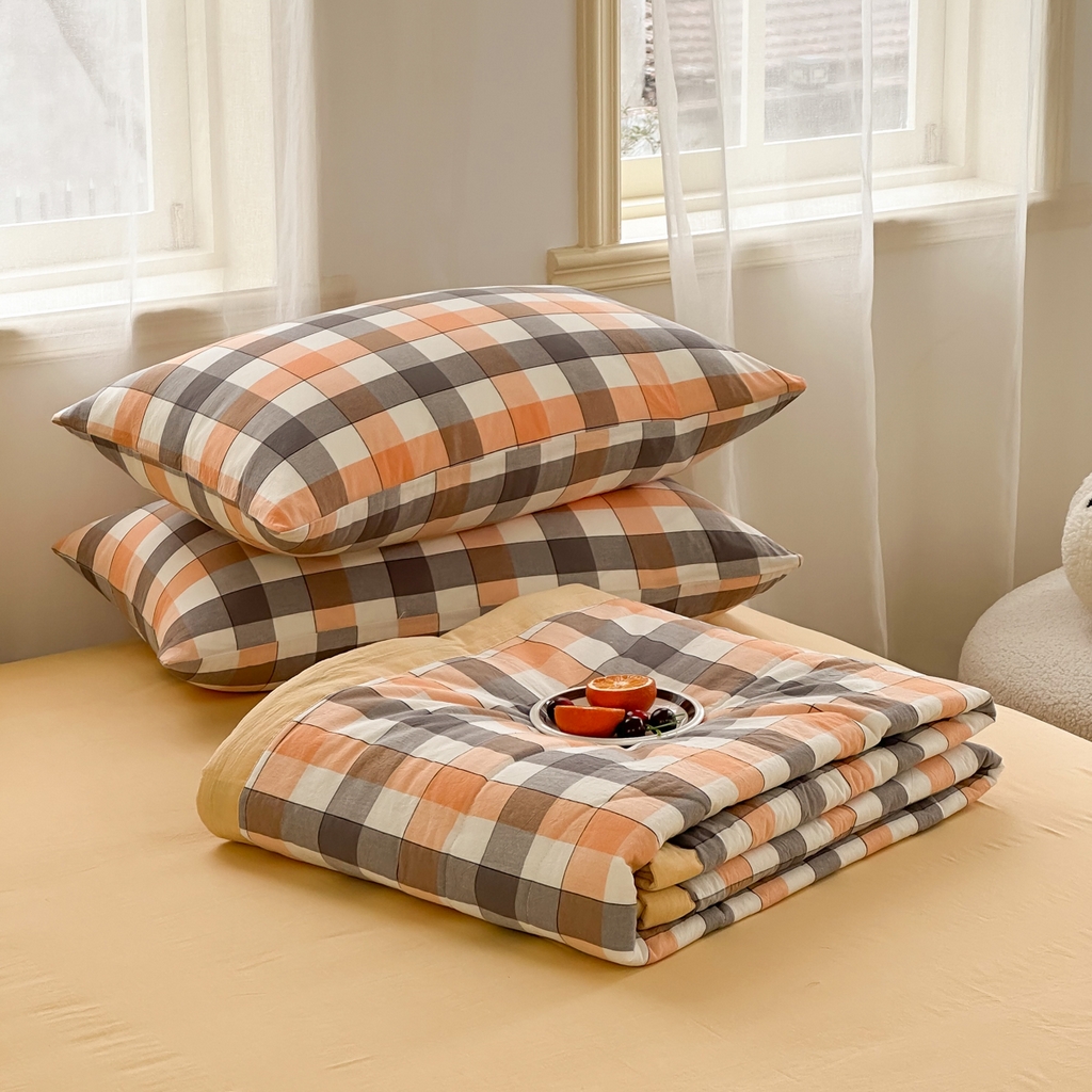 91家纺网 家纺一手货源 找家纺 棉邦 2024新款全棉水洗棉色织夏被四件套 桔方格黄