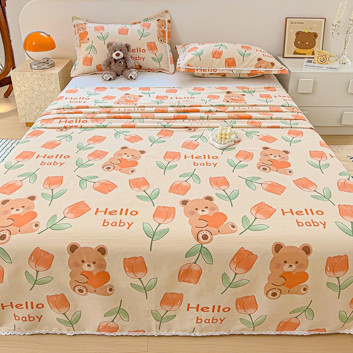 91家纺网 家纺一手货源 找家纺 宜家坊 2024新款鱼骨棉老粗布凉席花边款床单三件套 爱心熊