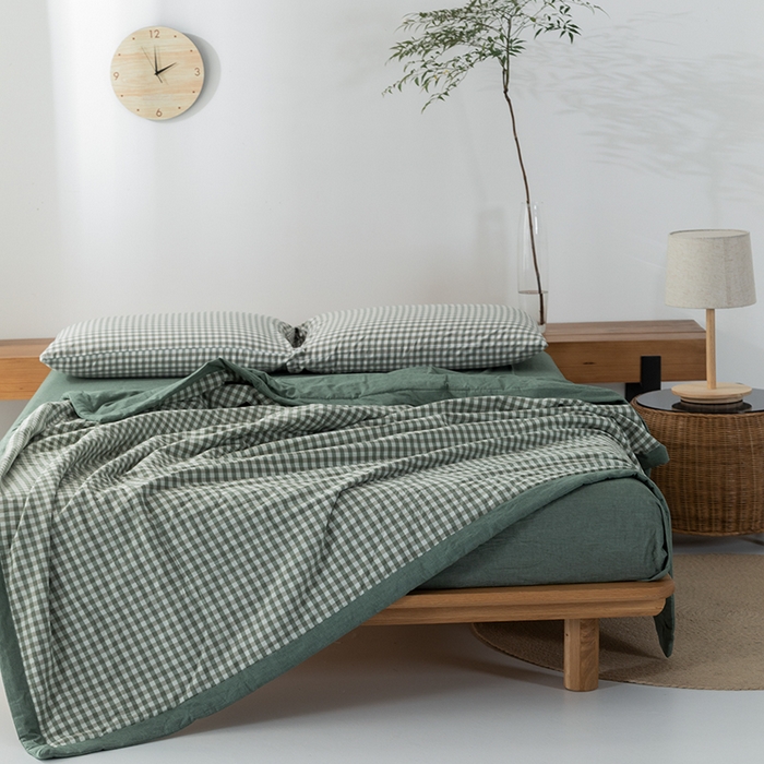 91家纺网 家纺一手货源 找家纺 棉邦 2024新款全棉水洗棉色织夏被四件套 草绿小格