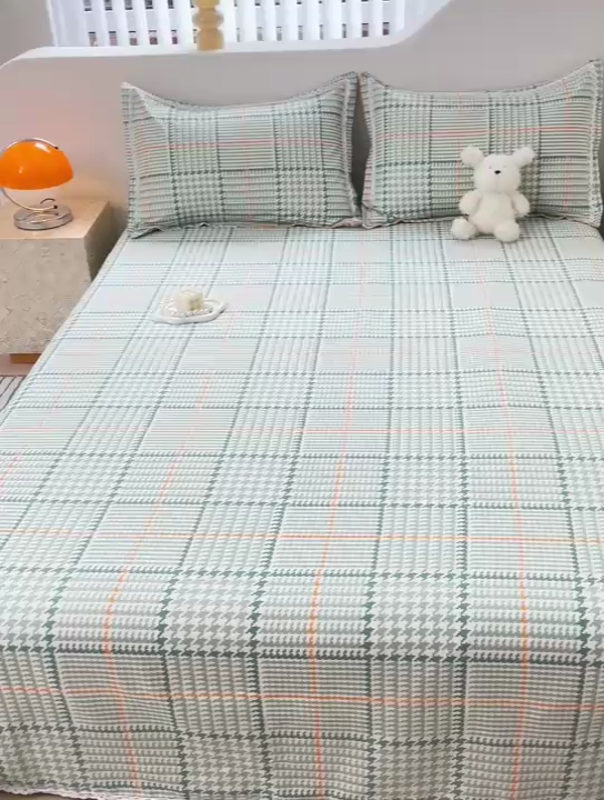 91家纺网 家纺一手货源 找家纺 宜家坊 2024新款鱼骨棉老粗布凉席花边款床单三件套 千鸟格