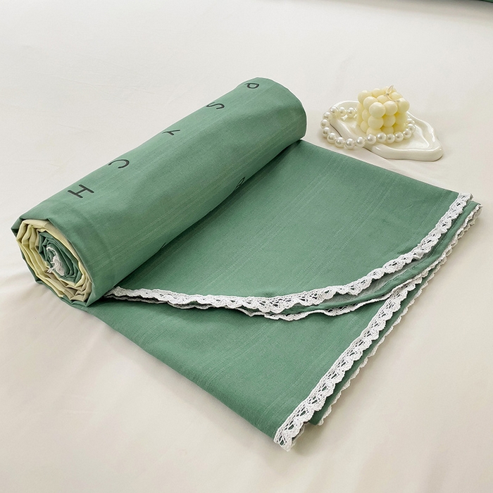 91家纺网 家纺一手货源 找家纺 宜家坊 2024新款鱼骨棉老粗布凉席花边款床单三件套 宜家-绿