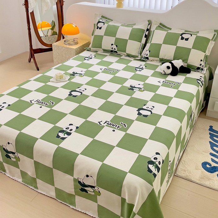 91家纺网 家纺一手货源 找家纺 宜家坊 2024新款鱼骨棉老粗布凉席花边款床单三件套 熊猫