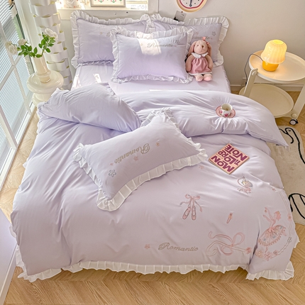 91家纺网 家纺一手货源 找家纺 包小包 2024新款芭蕾女孩系列精密刺绣花边韩版四件套四季款爆款（提供买家秀） 芭蕾女孩-浅紫