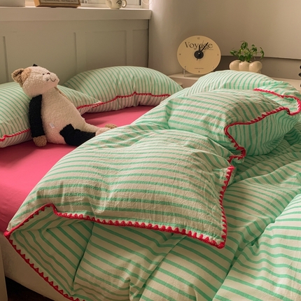 莱茵家居 2024新款A类多巴胺撞色全棉水洗棉四件套 宾果绿细条