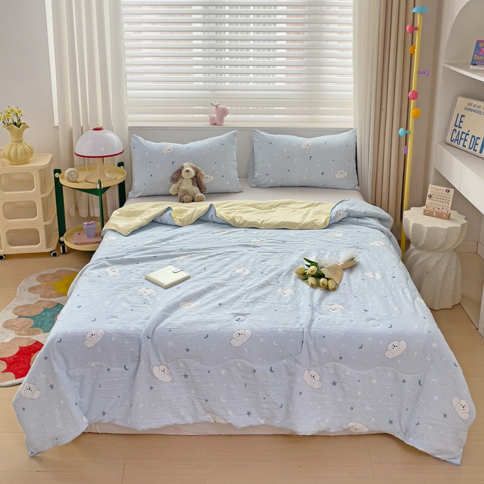 91家纺网 家纺一手货源 找家纺 海岛哥哥 2024新款水洗双层纱超柔单夏被嵌绳款 星空小狗-蓝