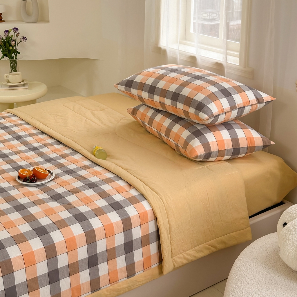 91家纺网 家纺一手货源 找家纺 棉邦 2024新款全棉水洗棉色织夏被四件套 桔方格黄