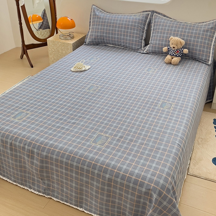 91家纺网 家纺一手货源 找家纺 宜家坊 2024新款鱼骨棉老粗布凉席花边款床单三件套 格韵-灰