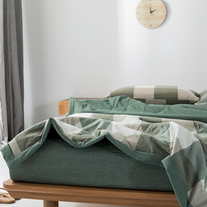 91家纺网 家纺一手货源 找家纺 棉邦 2024新款全棉水洗棉色织夏被四件套 绿大格