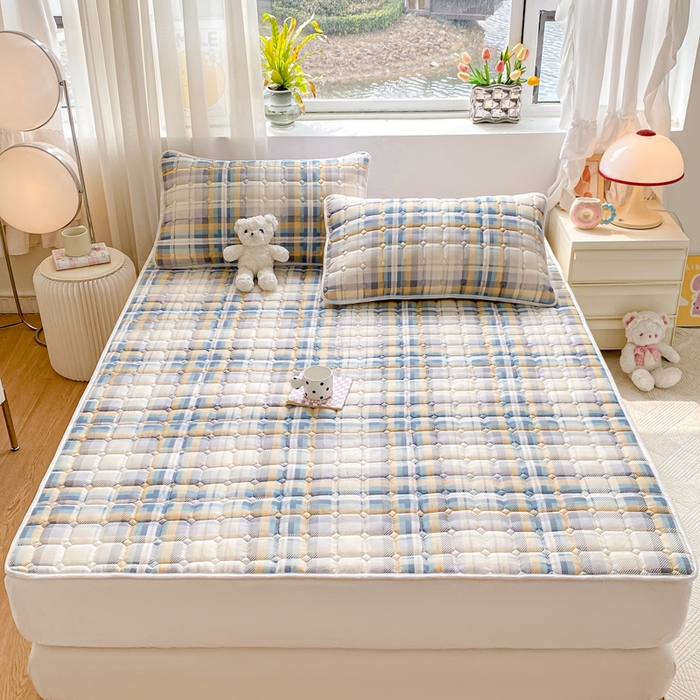 91家纺网 家纺一手货源 找家纺 萌飞2024新款全棉新疆棉花夹棉床垫加厚床褥垫被三件套印花 悠闲格调-浅咖