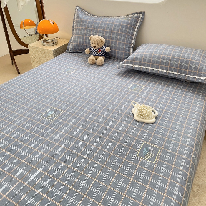 91家纺网 家纺一手货源 找家纺 宜家坊 2024新款鱼骨棉老粗布凉席花边款床单三件套 格韵-灰