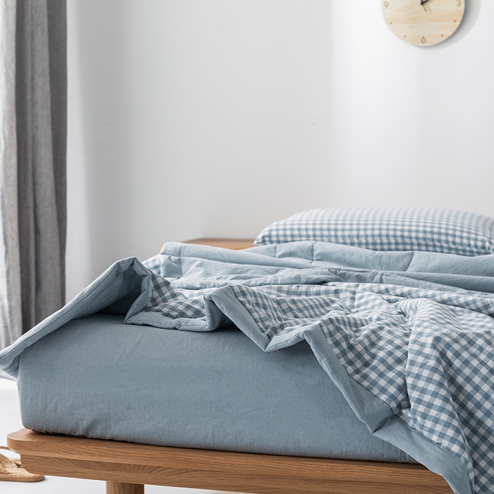 91家纺网 家纺一手货源 找家纺 棉邦 2024新款全棉水洗棉色织夏被四件套 天蓝小格