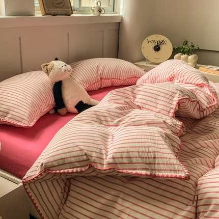 莱茵家居 2024新款A类多巴胺撞色全棉水洗棉四件套 蜜桃粉细条