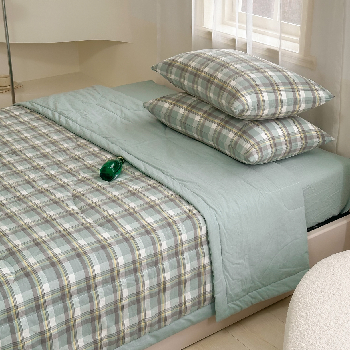 91家纺网 家纺一手货源 找家纺 棉邦 2024新款全棉水洗棉色织夏被四件套 简兮绿