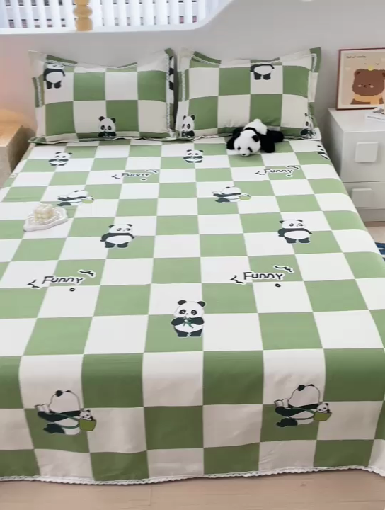 91家纺网 家纺一手货源 找家纺 宜家坊 2024新款鱼骨棉老粗布凉席花边款床单三件套 熊猫