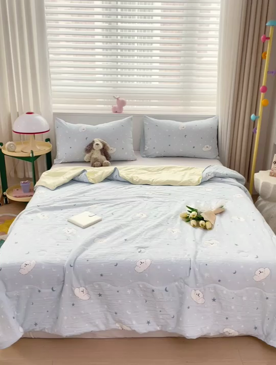 91家纺网 家纺一手货源 找家纺 海岛哥哥 2024新款水洗双层纱超柔单夏被嵌绳款 星空小狗-蓝
