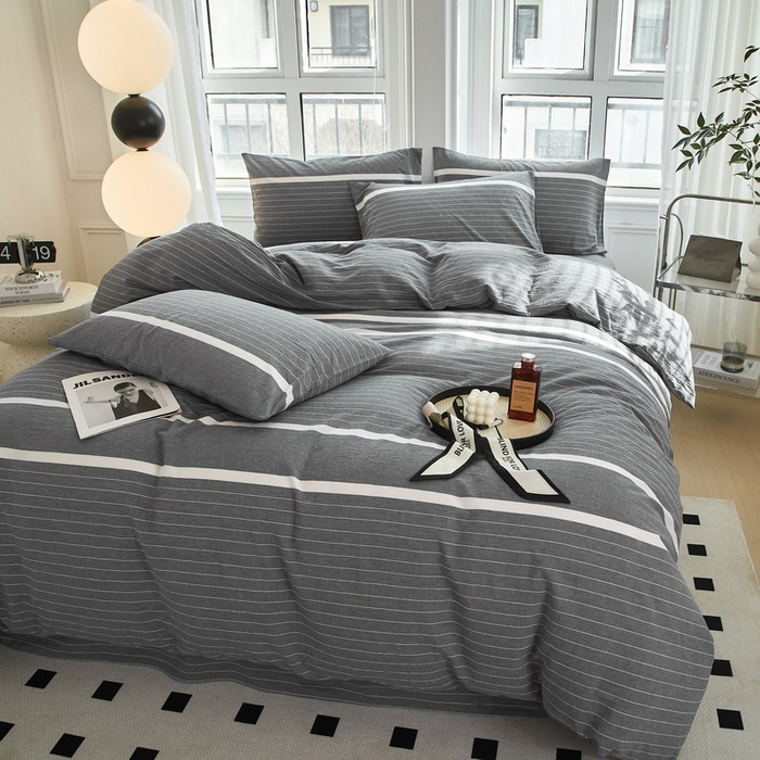 91家纺网 家纺一手货源 找家纺 金纱玉纺家纺 2024新款色织全棉水洗棉四件套 多拉-灰