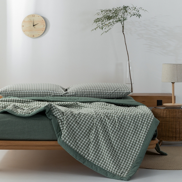 91家纺网 家纺一手货源 找家纺 棉邦 2024新款全棉水洗棉色织夏被四件套 草绿小格