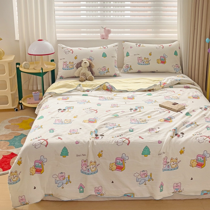 91家纺网 家纺一手货源 找家纺 海岛哥哥 2024新款水洗双层纱超柔单夏被嵌绳款 欢乐园