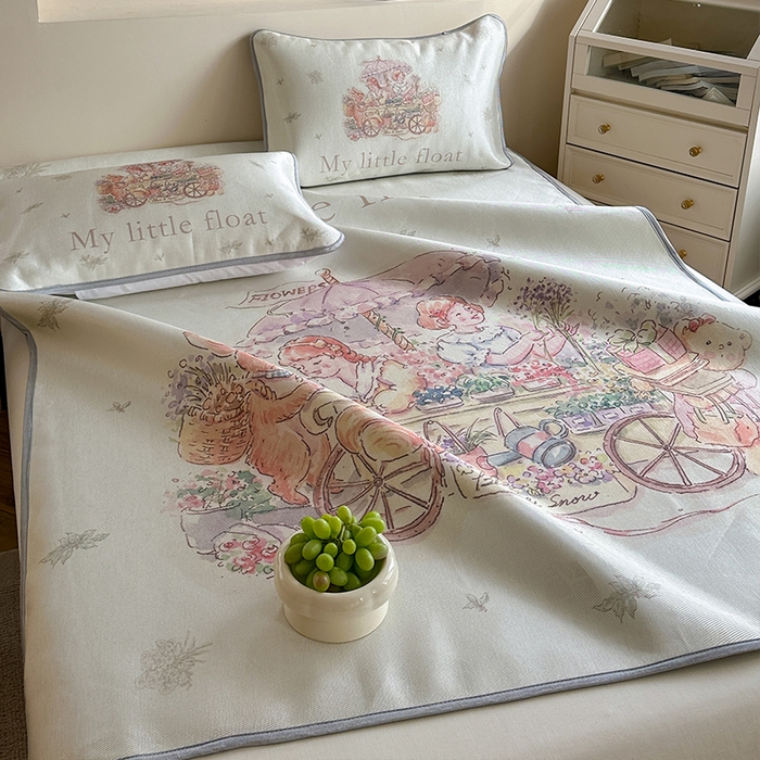 91家纺网 家纺一手货源 找家纺 萝莉家纺 2024新款大版冰丝凉席床席床笠款 我心爱的小花车-平席款 